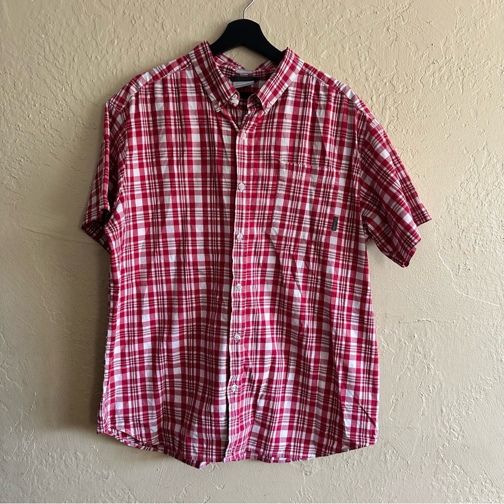 Columbia Men's Red and White Plaid Button Down Shirt